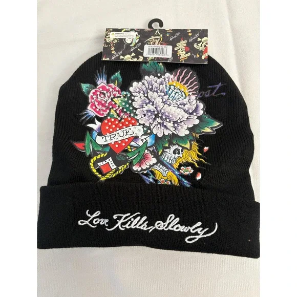 Ed Hardy two Black Beanie Hats "Love Kills Slowly" Skull Rose Graphic Rhinestone - Picture 2 of 7